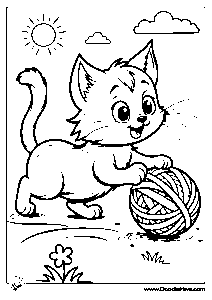 Playful Kitten with Yarn Ball Coloring Page - Cat Lover_s Fun