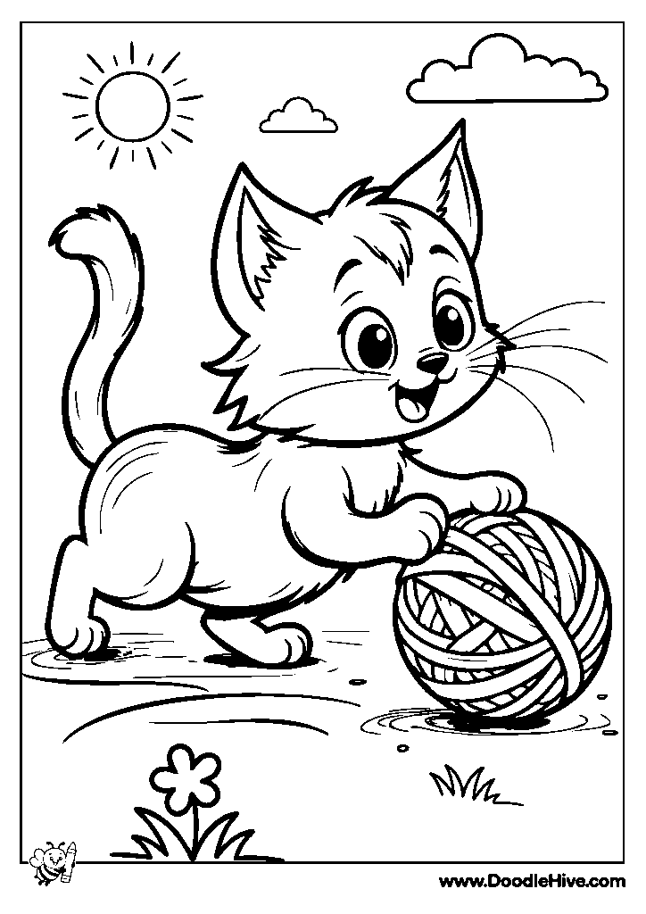 Playful Kitten with Yarn Ball Coloring Page - Cat Lover_s Fun