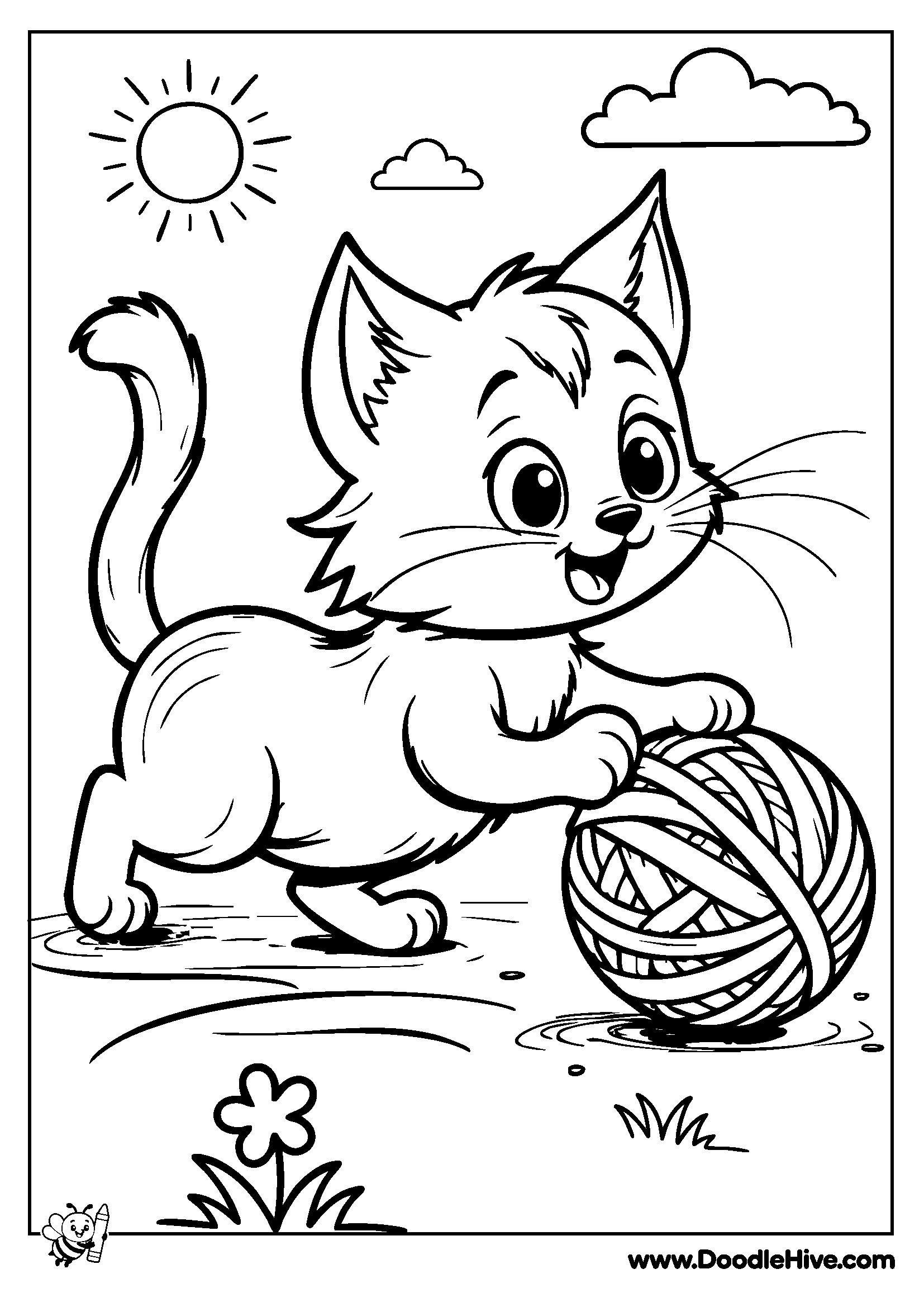 Playful Kitten with Yarn Ball Coloring Page - Cat Lover_s Fun