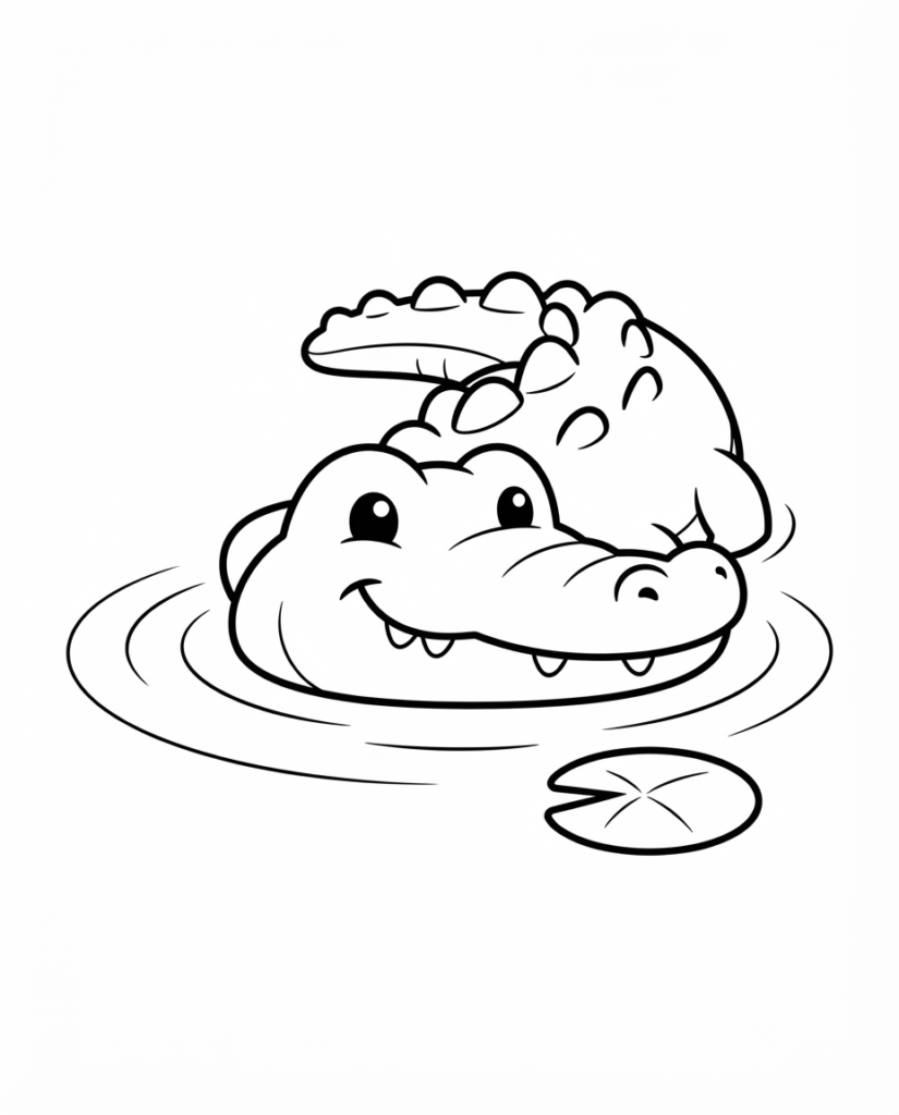 Alligator coloring page with an alligator floating among lily pads in water