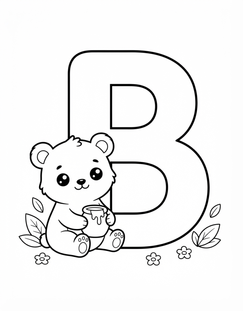 Coloring page of the letter B with a cartoon bear holding a dripping honey pot, flowers and leaves nearby