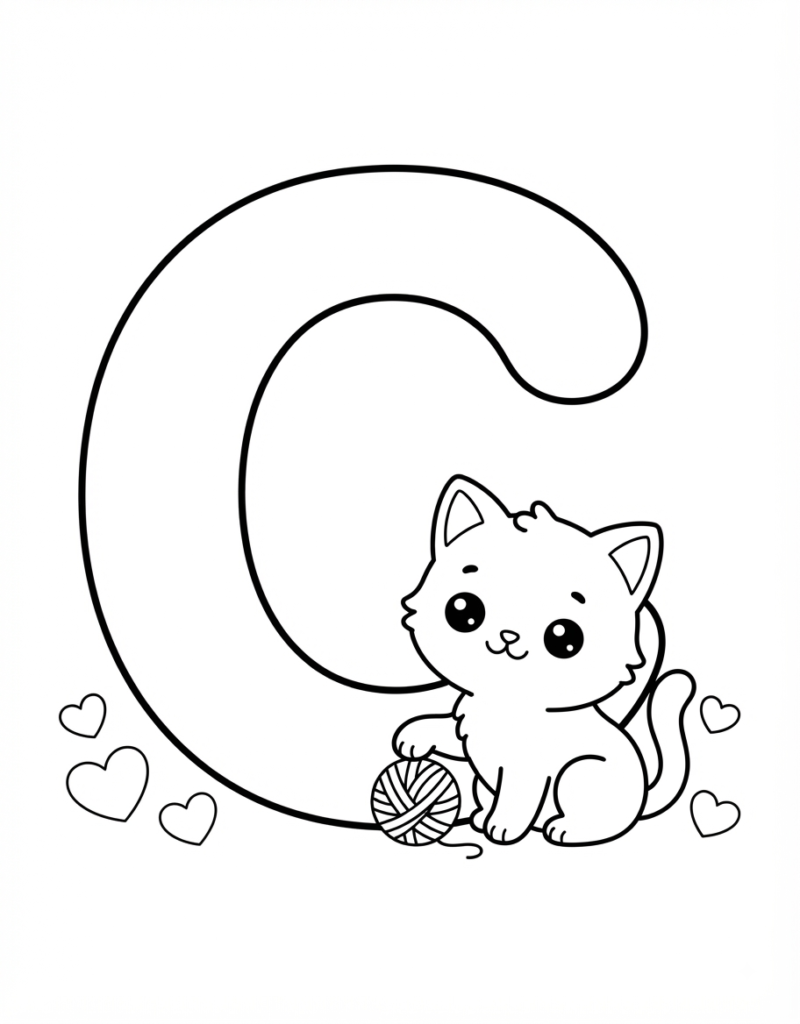 Coloring page of the letter C with a playful kitten batting a ball of yarn, hearts scattered nearby