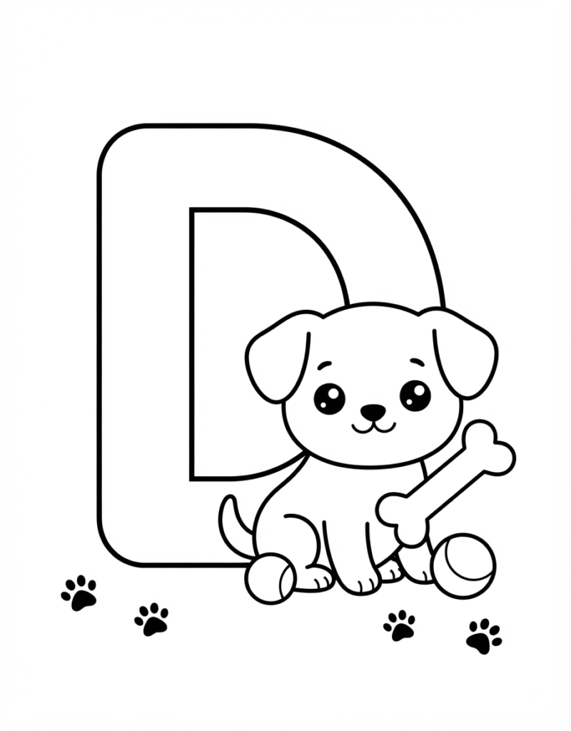 Coloring page of the letter D with a happy puppy holding a bone next to a ball, paw prints scattered nearby