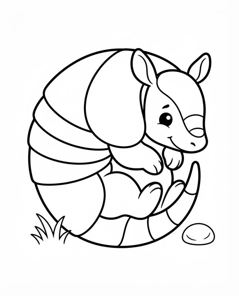 Armadillo coloring page with a mother armadillo and baby riding on her back