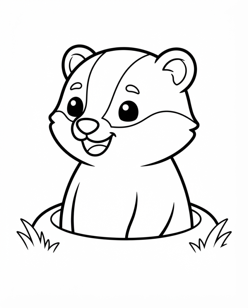 Badger coloring page with a badger peeking out of its burrow in the grass