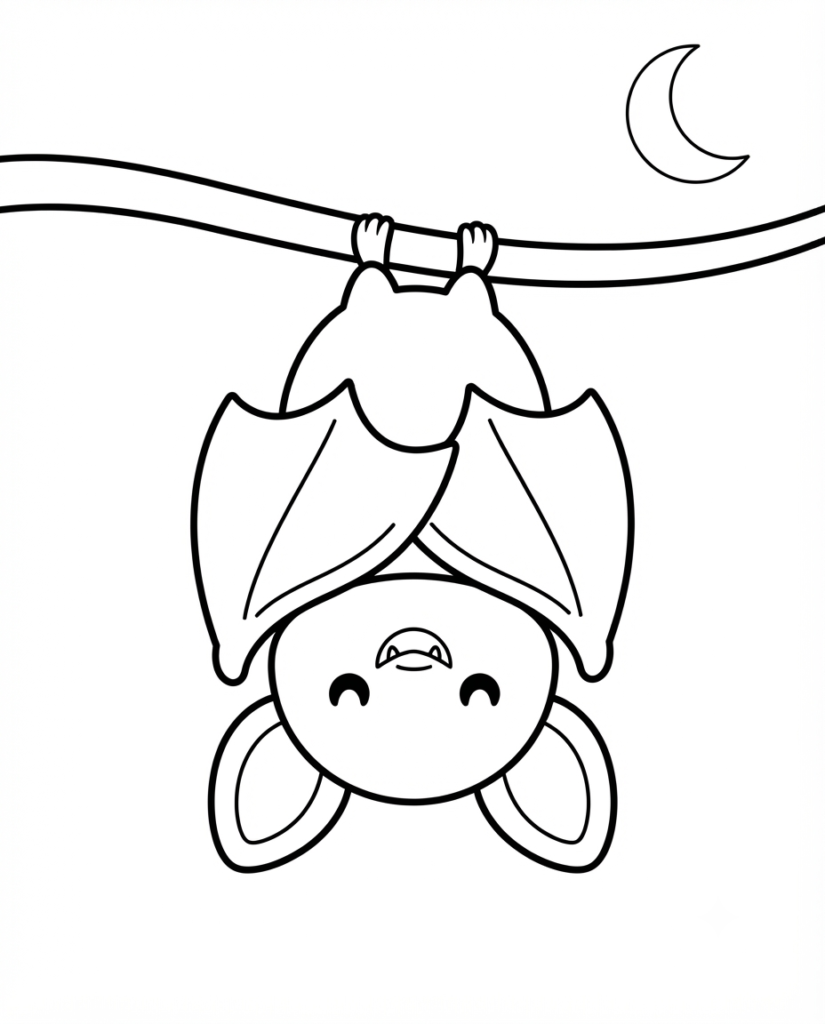 Bat coloring page with a bat hanging upside down from a branch under a crescent moon