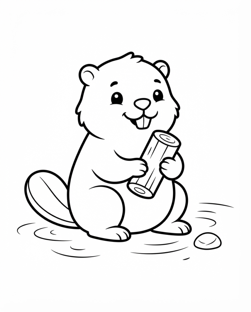 Beaver coloring page with a beaver sitting by the water holding a log
