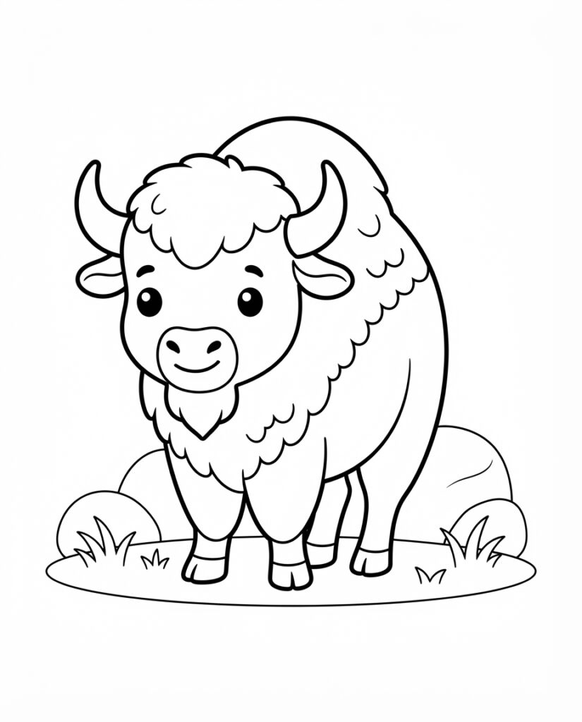 Bison coloring page with a shaggy bison standing on the grassy plains