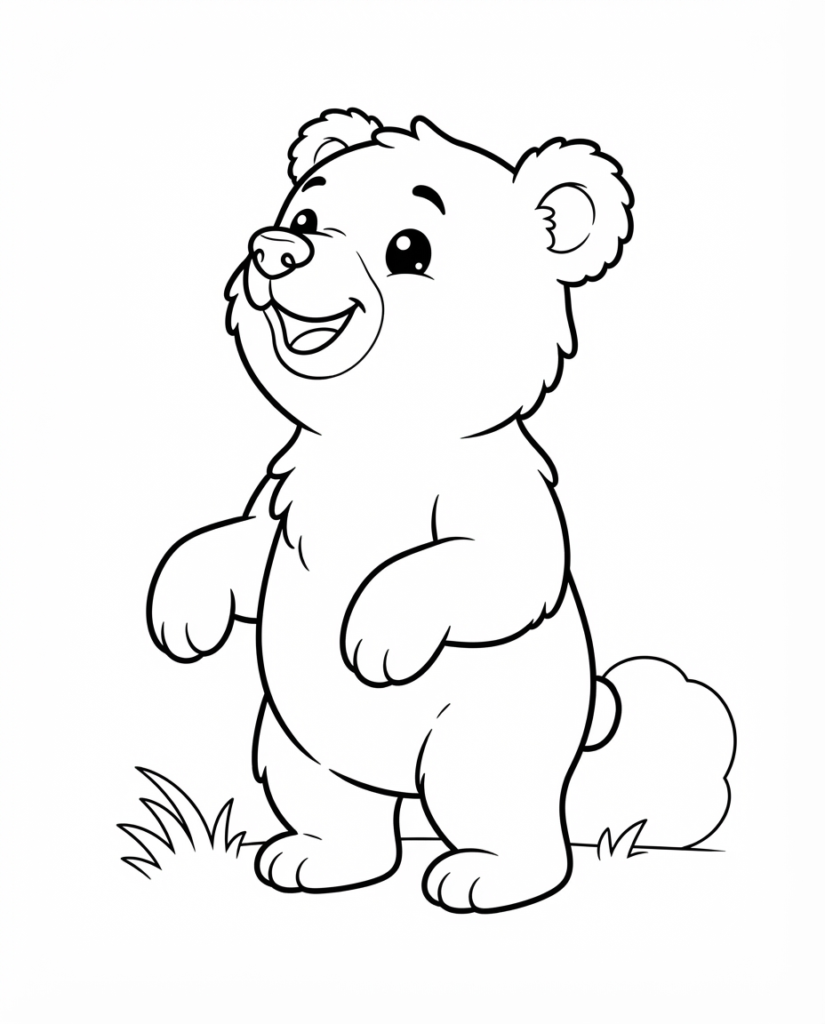 Black bear coloring page with a standing bear cub in the grass