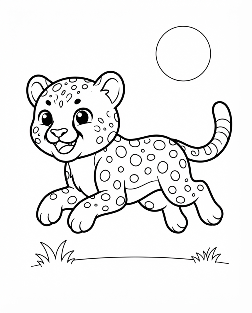 Cheetah coloring page with a cheetah cub running through the grass