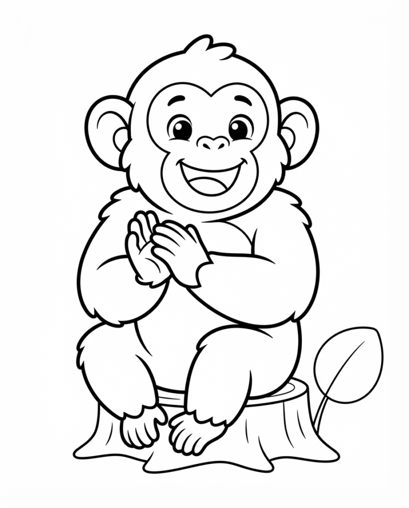 Chimpanzee coloring page with a chimpanzee sitting on a stump clapping