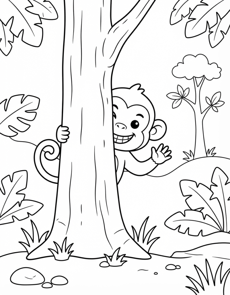 Coloring page of a monkey peeking out from behind a tree trunk, winking and waving, tail curled around the trunk, jungle leaves around