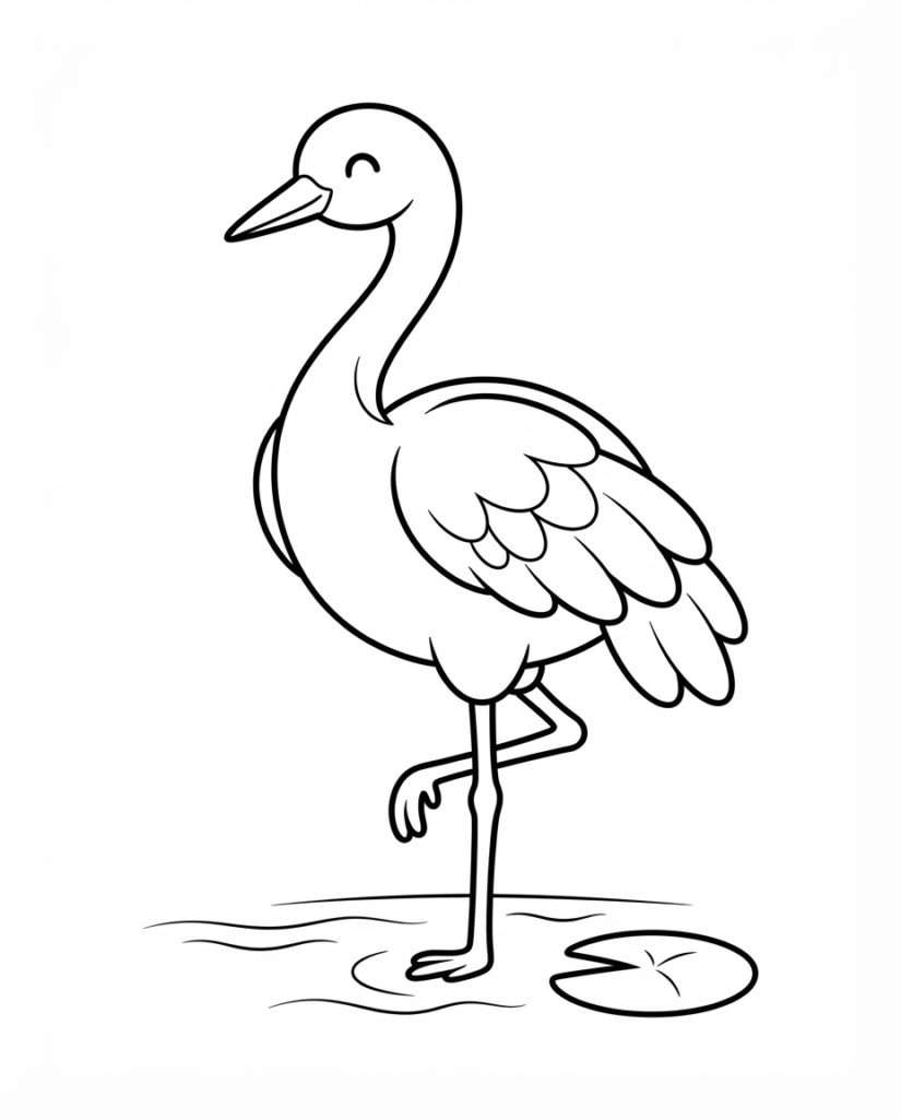 Crane coloring page with a crane standing on one leg near the water