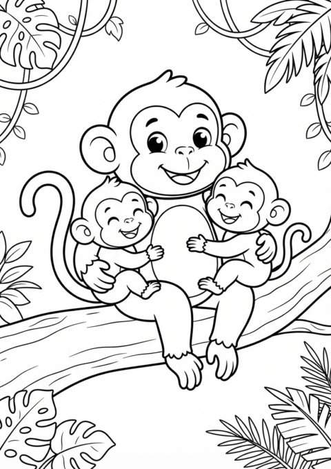 Cute Monkey Family Coloring Page