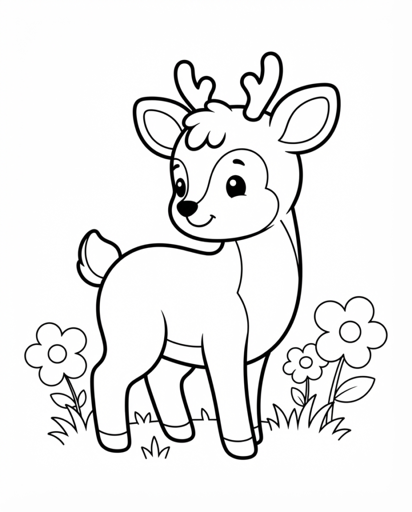 Deer coloring page with a deer standing among flowers