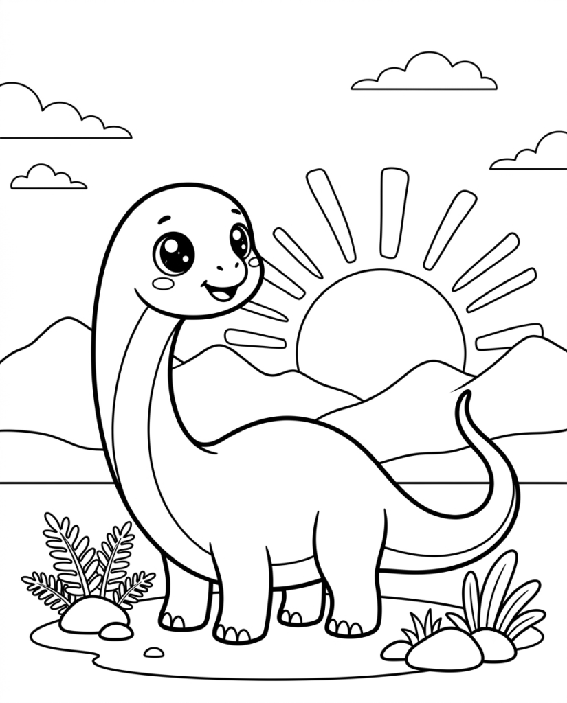 Baby long-neck dinosaur coloring page with a dinosaur standing before mountains and a setting sun