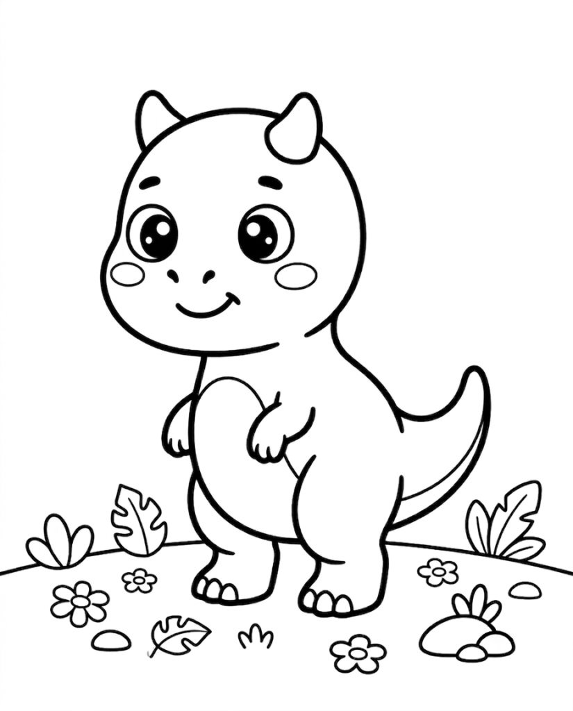 Baby horned dinosaur coloring page with a small dinosaur standing among flowers