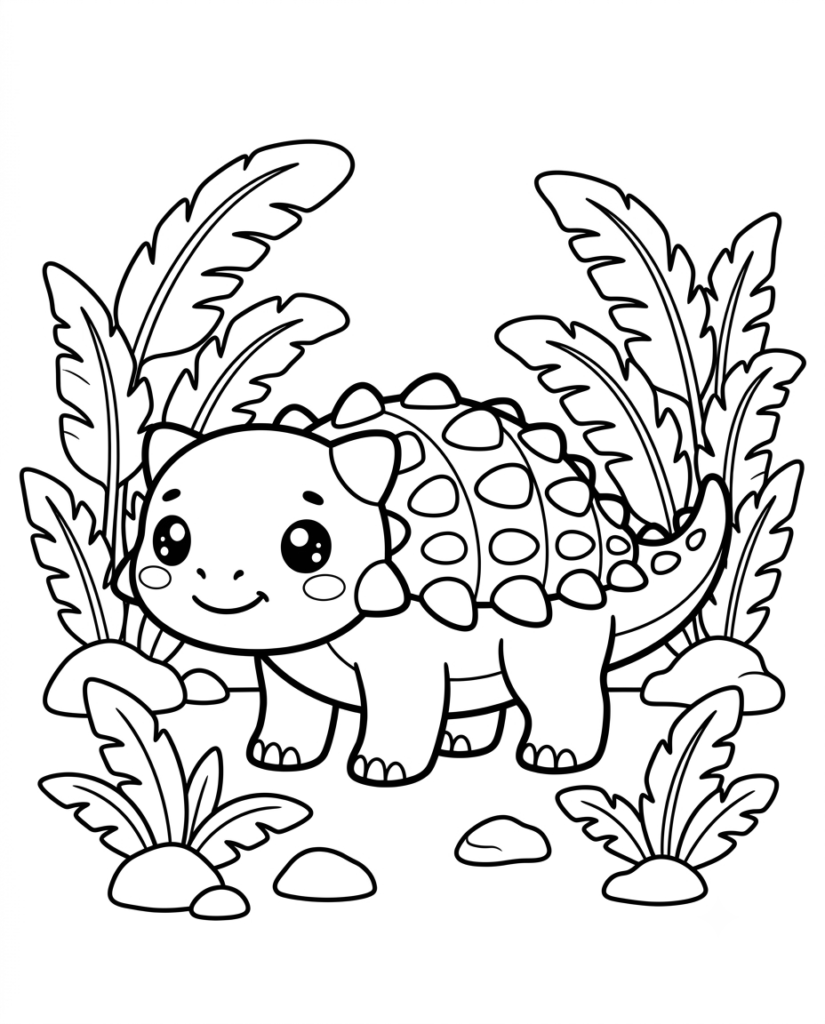 Ankylosaurus coloring page with an armored dinosaur and a smaller dinosaur friend among ferns