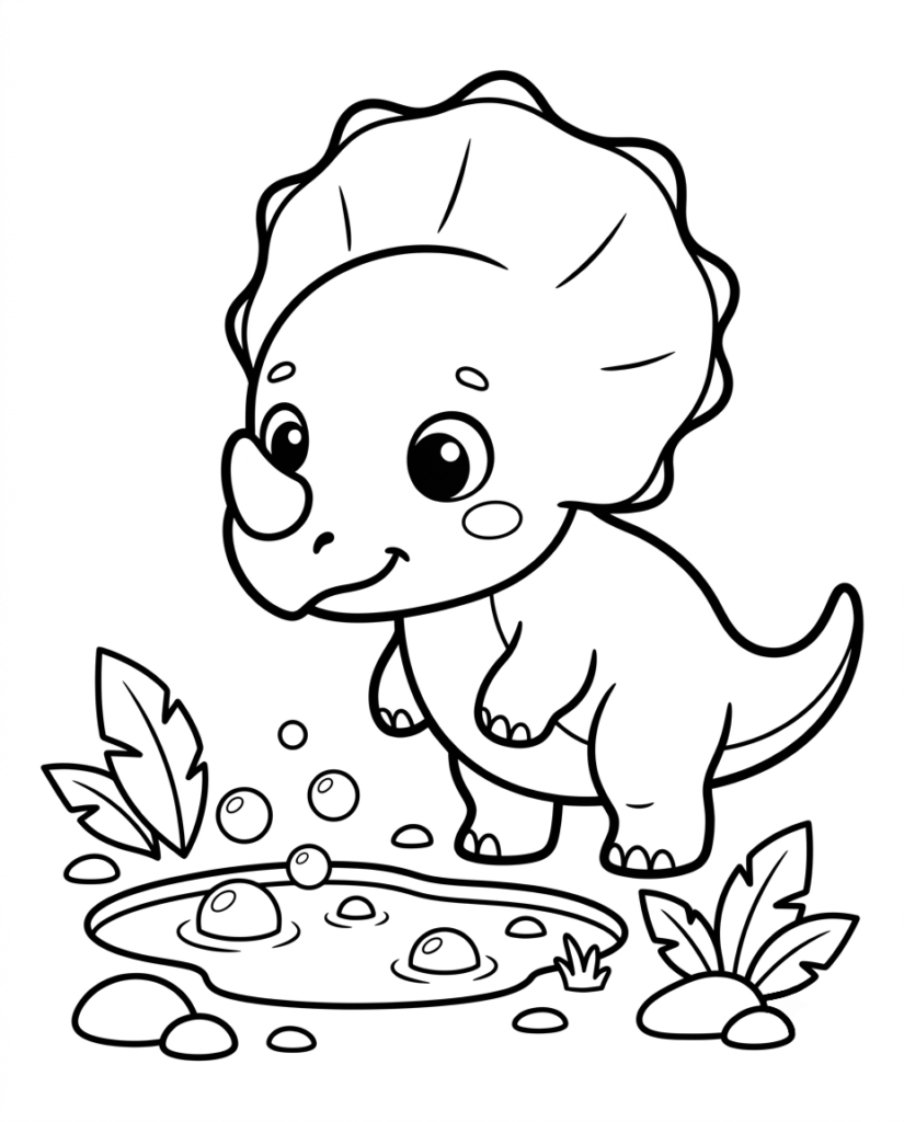 Baby Triceratops coloring page with a dinosaur pausing beside a puddle