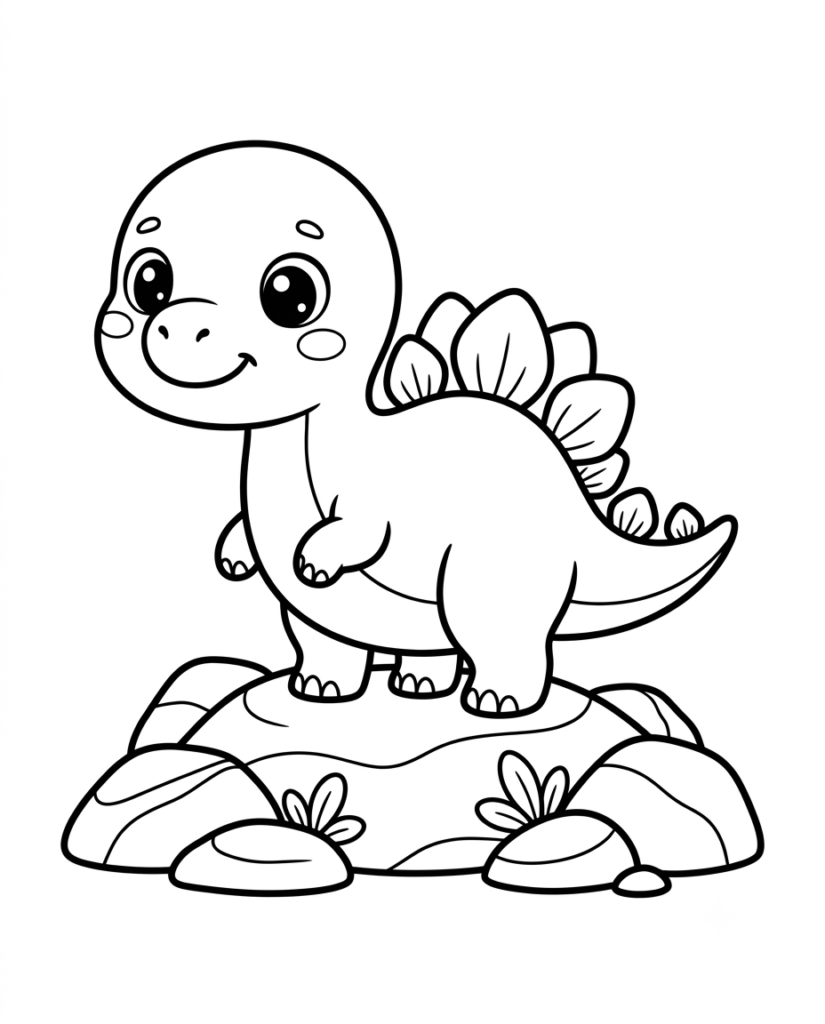Stegosaurus coloring page with a dinosaur standing among rocks