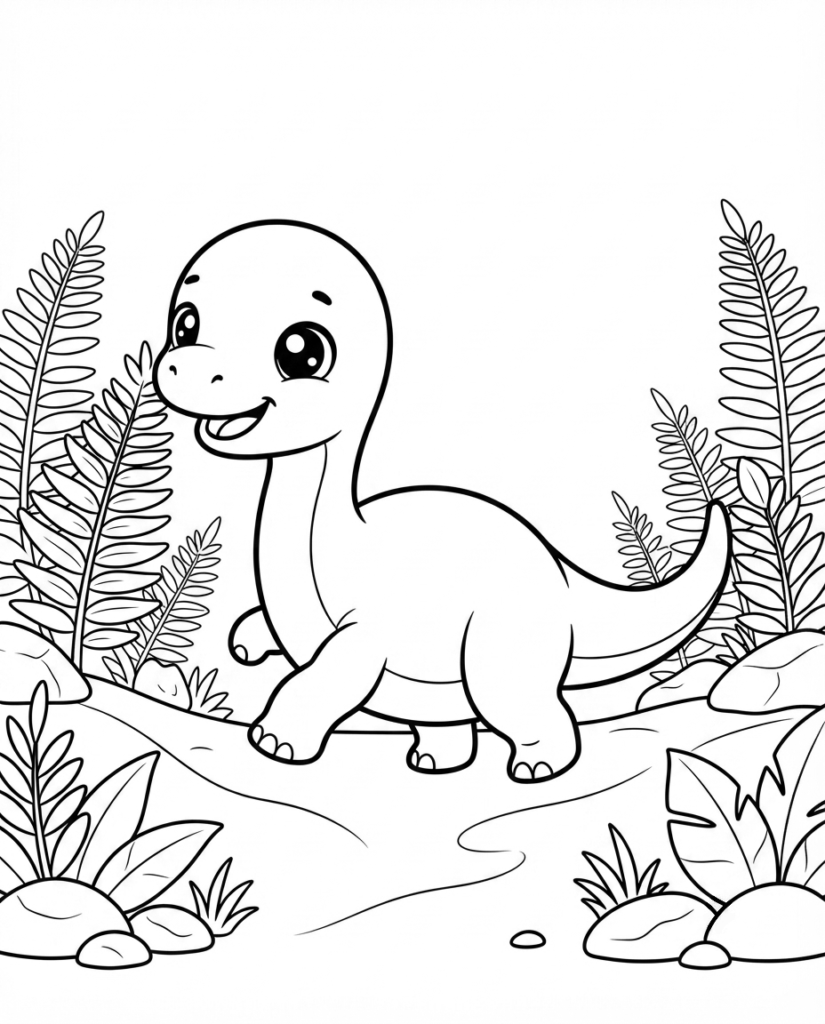 Long-neck dinosaur coloring page with a dinosaur walking through ferns