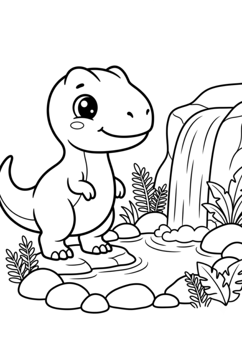 Baby Dinosaur by the Waterfall