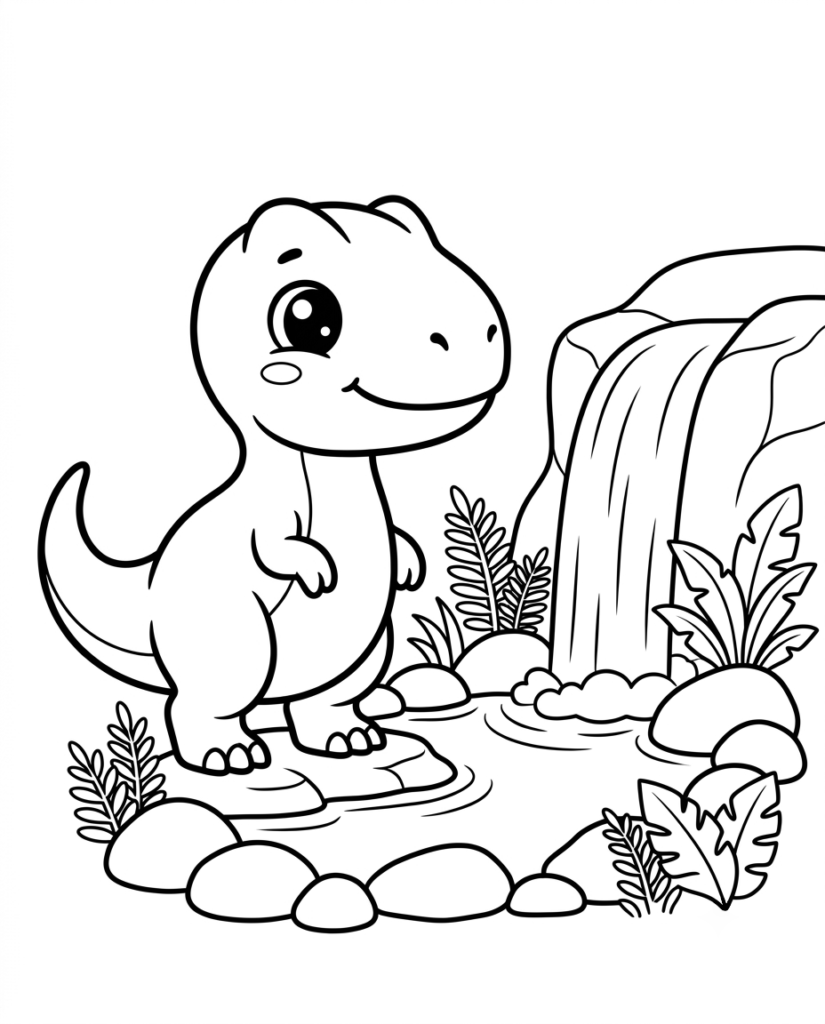 Baby dinosaur coloring page with a dinosaur resting beside a waterfall