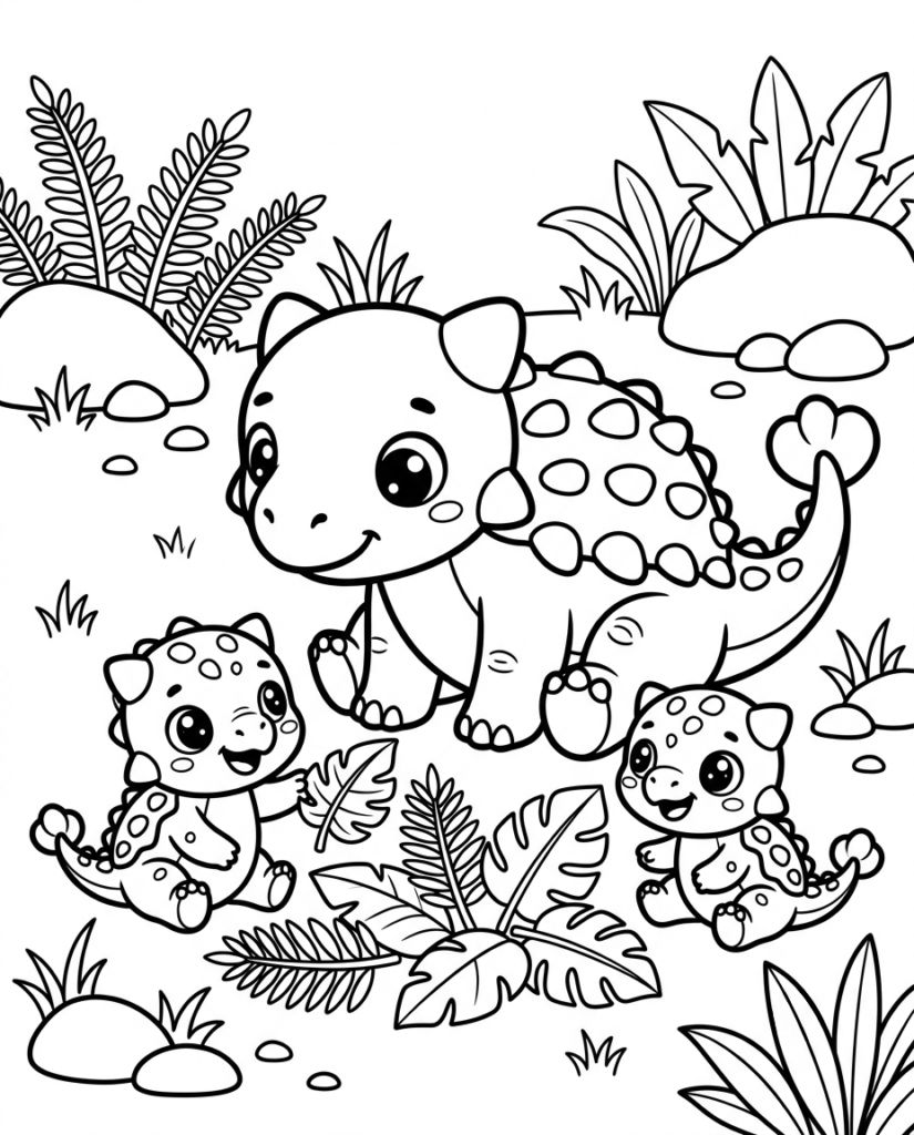 Ankylosaurus family coloring page with a parent and two baby armored dinosaurs