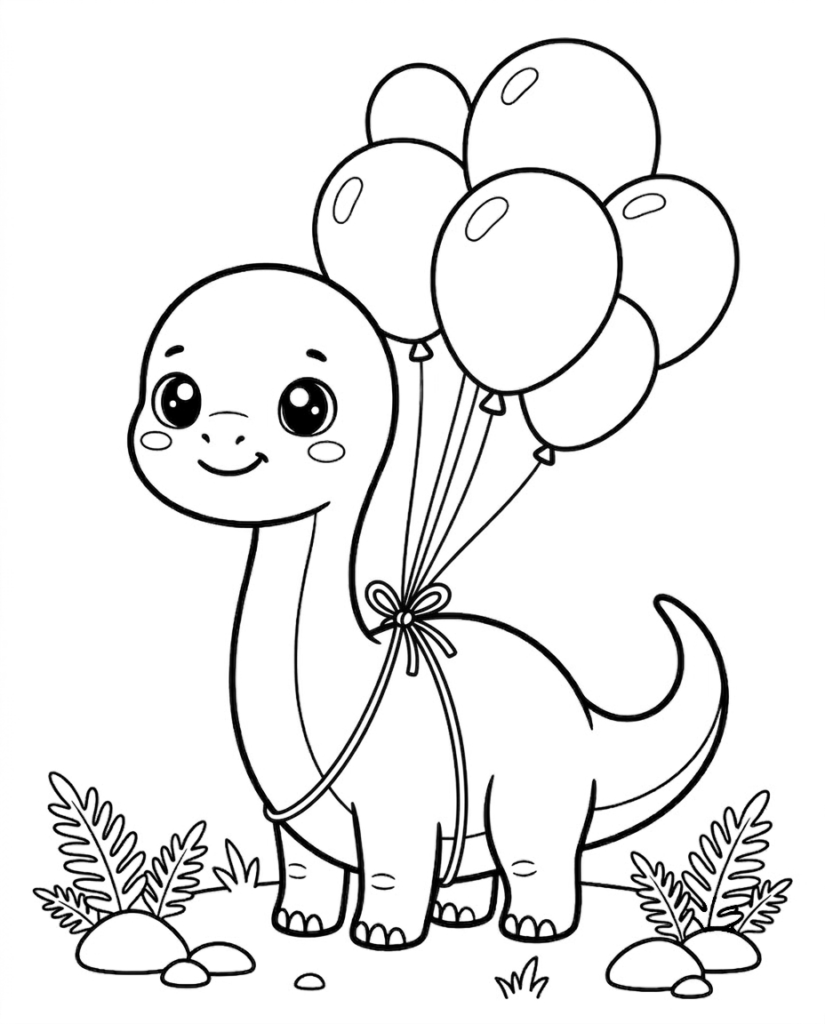 Baby dinosaur coloring page with balloons tied to the dinosaur's tail