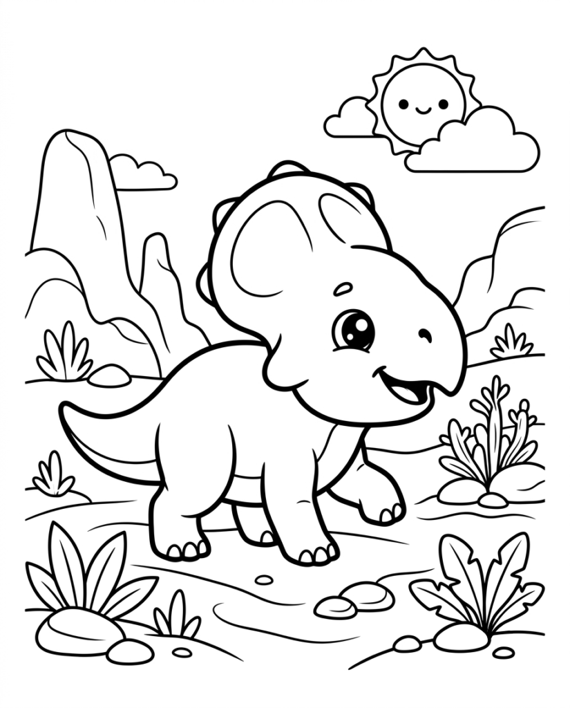 Baby Triceratops coloring page with a dinosaur walking on a sunny day