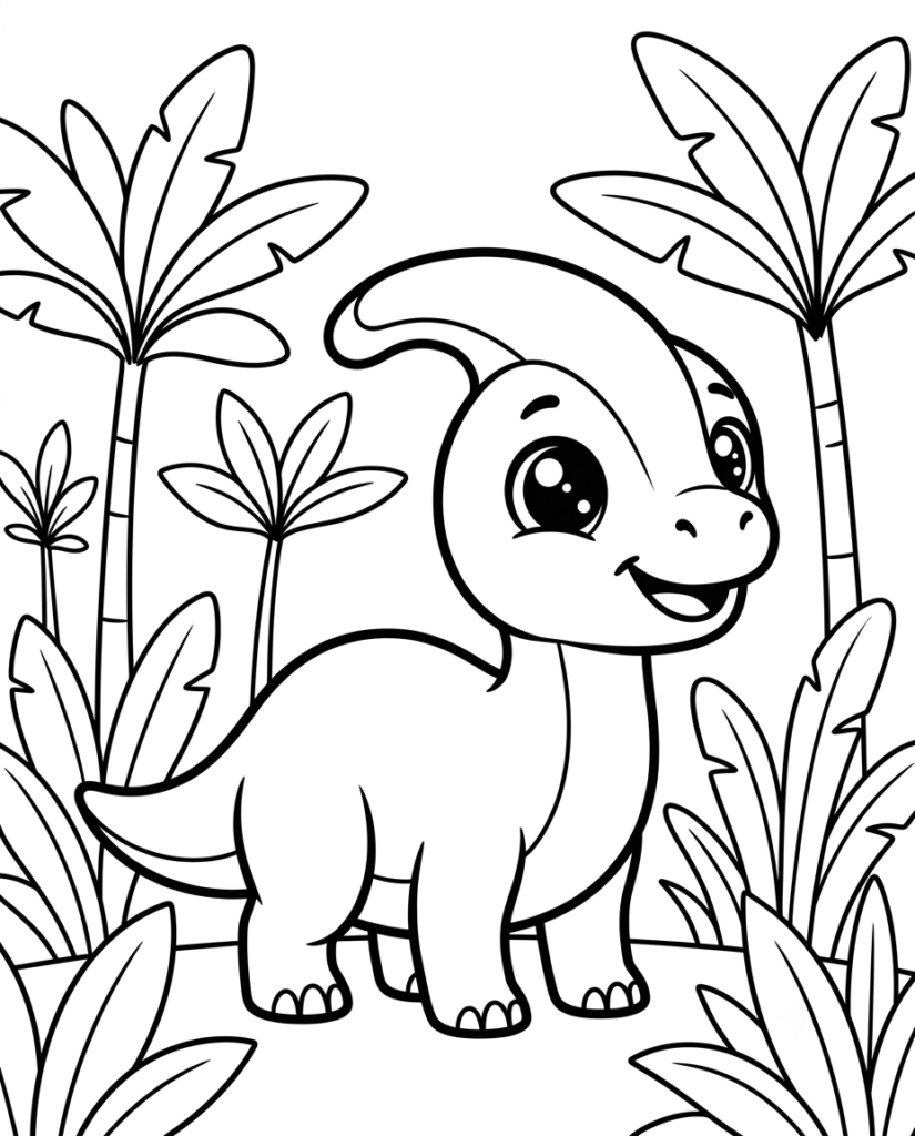 Parasaurolophus coloring page with a dinosaur among a grove of palm trees