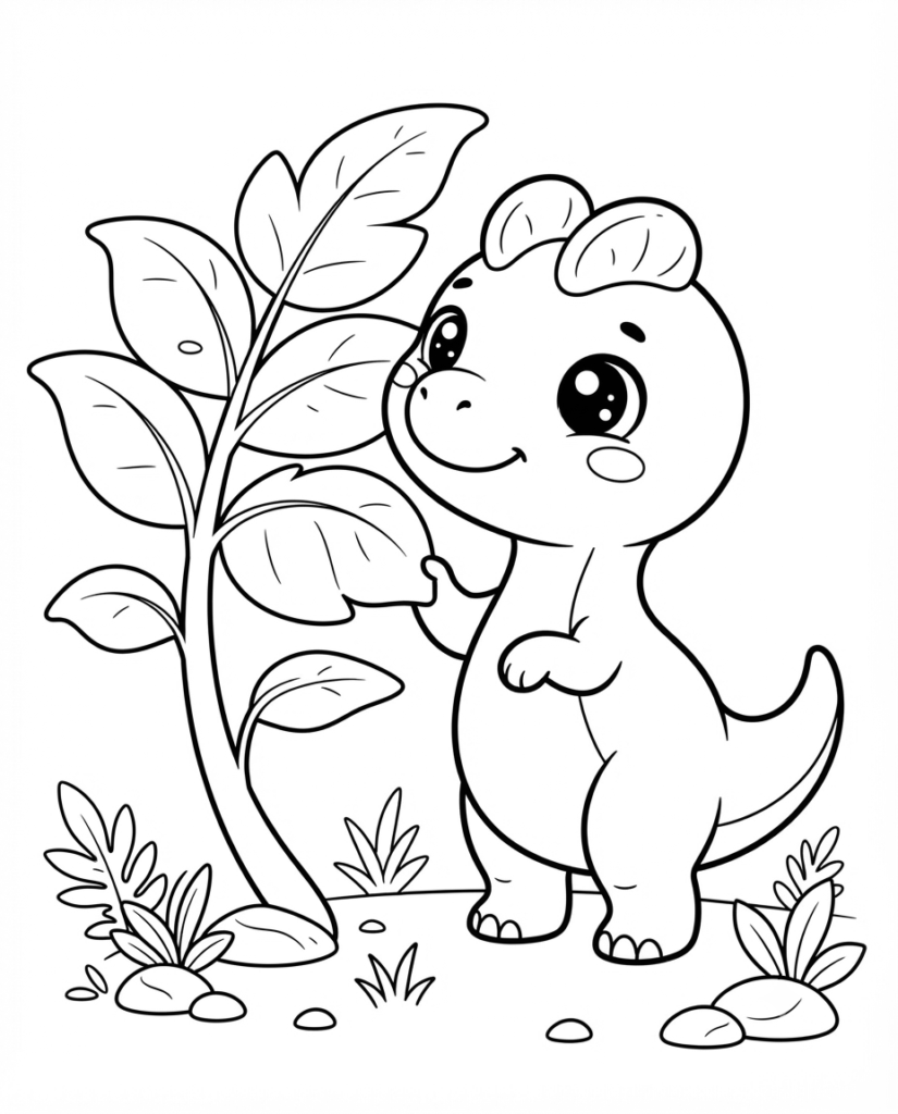 Baby dinosaur coloring page with a dinosaur gazing up at a tall plant