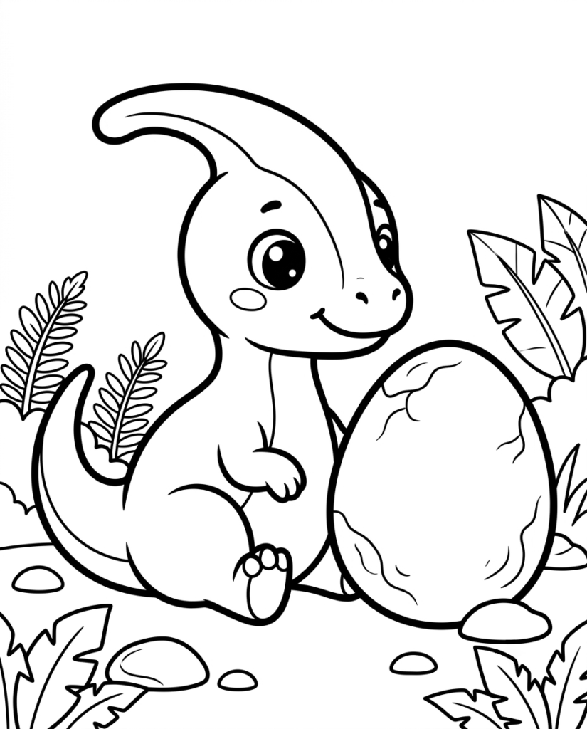 Parasaurolophus coloring page with a dinosaur watching over a large egg