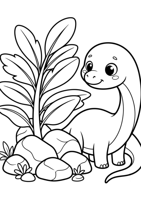 Long-Neck Dinosaur Beside the Giant Leaf
