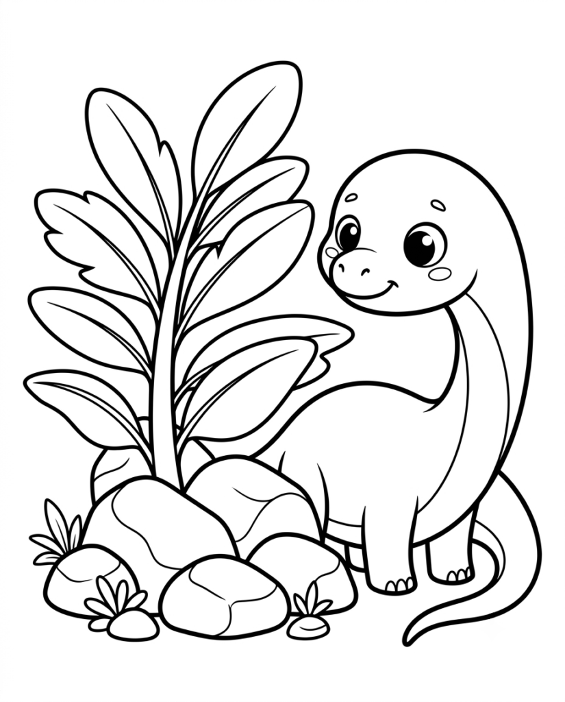 Long-neck dinosaur coloring page with a dinosaur resting near a giant leaf