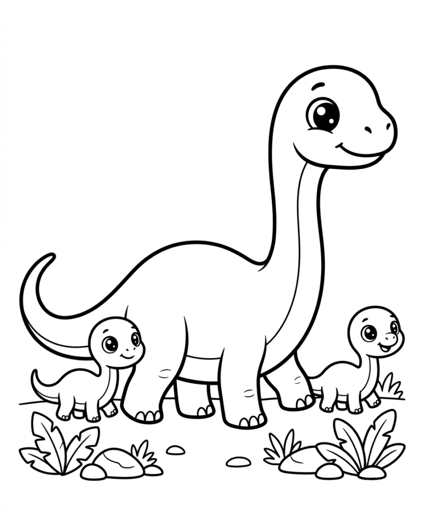 Long-neck dinosaur family coloring page with three dinosaurs walking together