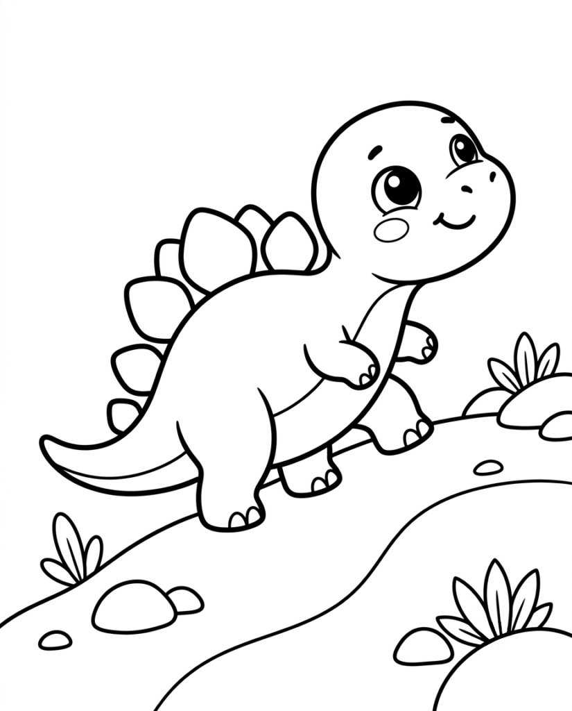 Stegosaurus coloring page with a dinosaur exploring a winding rocky trail