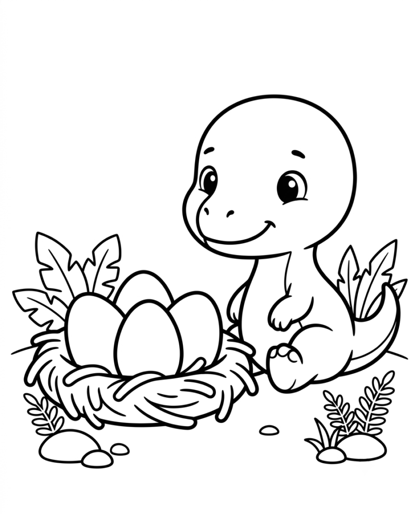 Baby dinosaur coloring page with a dinosaur guarding a nest of eggs