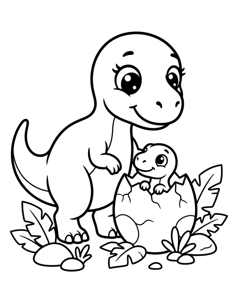 Baby dinosaur coloring page with a hatchling emerging from an egg beside a parent