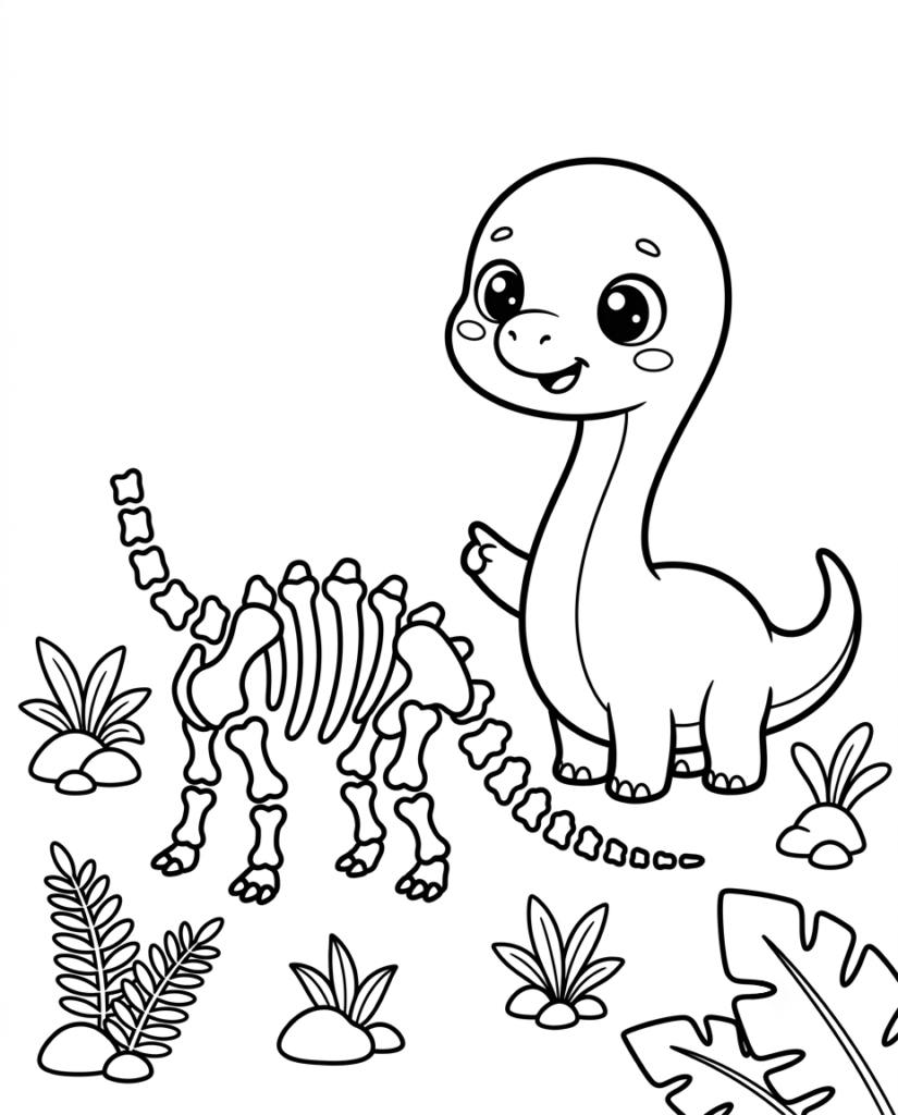 Baby dinosaur coloring page with a dinosaur examining a fossil skeleton