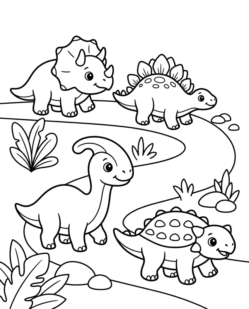 Dinosaur friends coloring page with a group of different baby dinosaurs gathered together