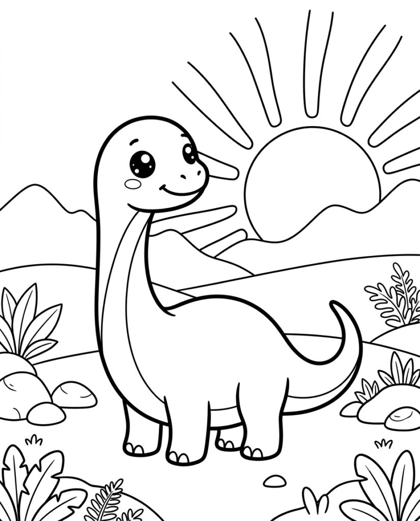 Baby long-neck dinosaur coloring page with a dinosaur standing beneath a setting sun