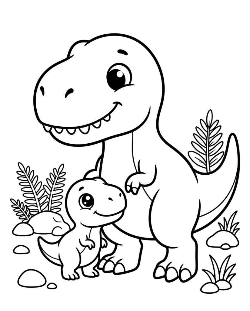T-Rex coloring page with a mother T-Rex standing beside her baby