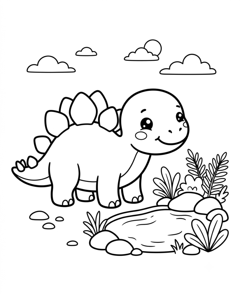 Stegosaurus coloring page with a plated dinosaur standing beside a smaller dinosaur friend