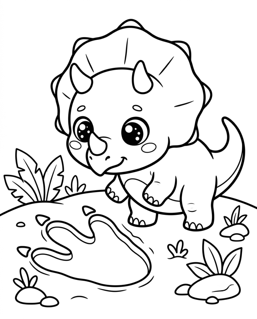 Baby Triceratops coloring page with a dinosaur looking into a puddle