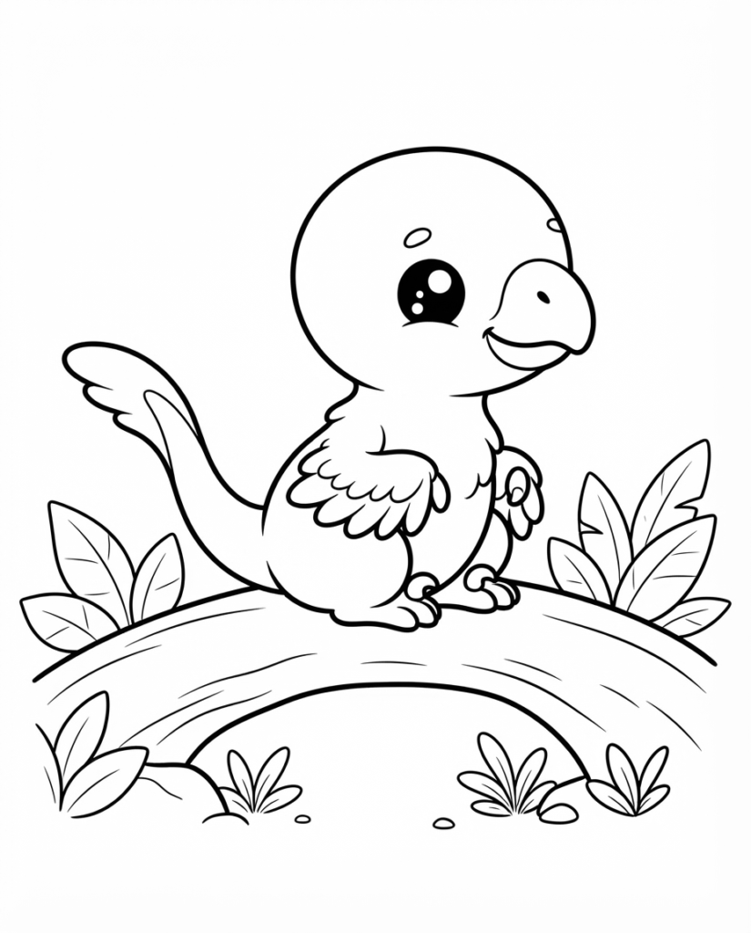 Baby pterodactyl coloring page with a flying reptile perched on a log