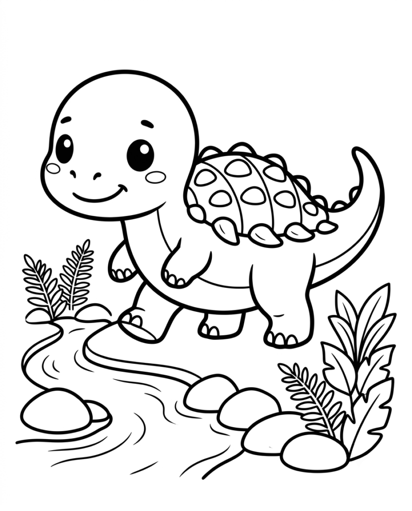 Baby Ankylosaurus coloring page with an armored dinosaur beside a stream