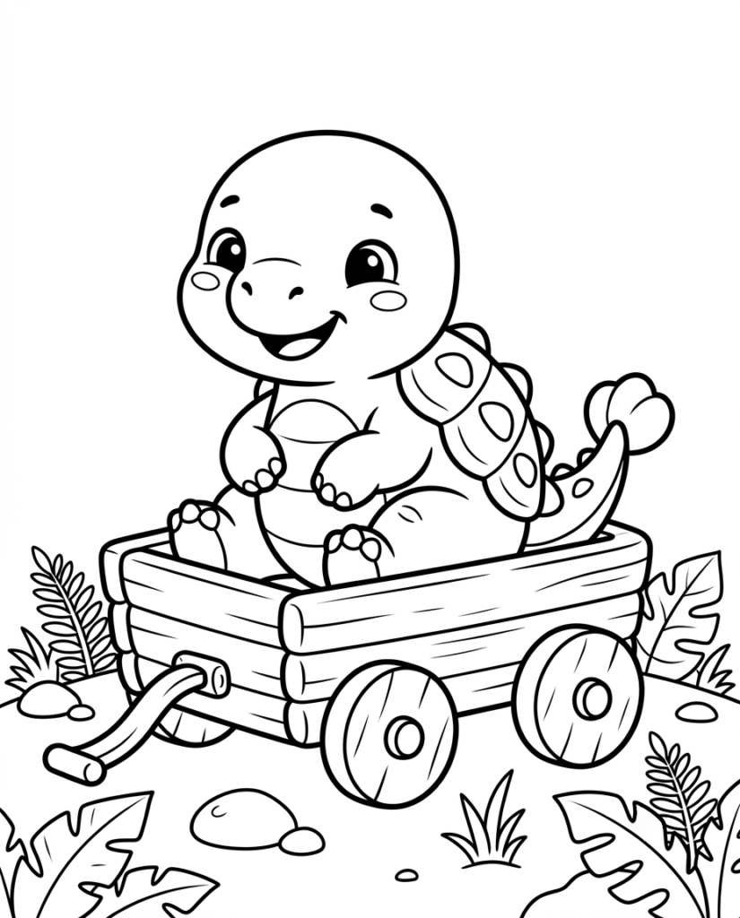 Baby dinosaur coloring page with a dinosaur riding in a wagon
