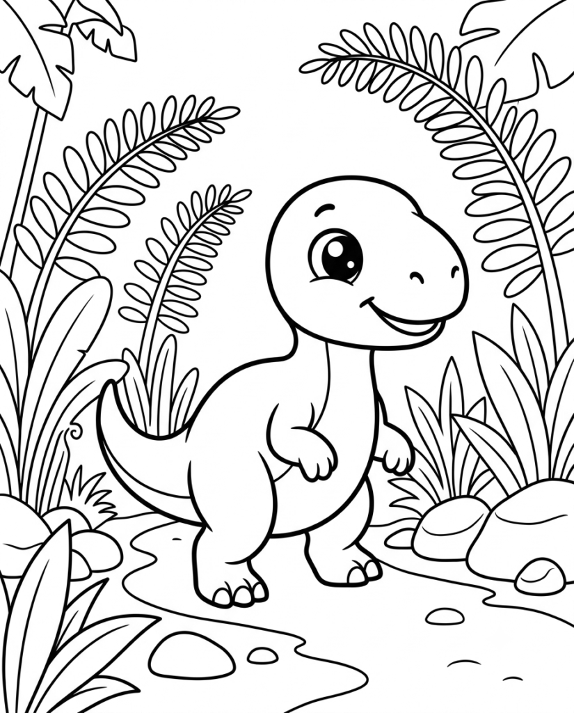 Baby dinosaur coloring page with a dinosaur standing beside a rocky stream