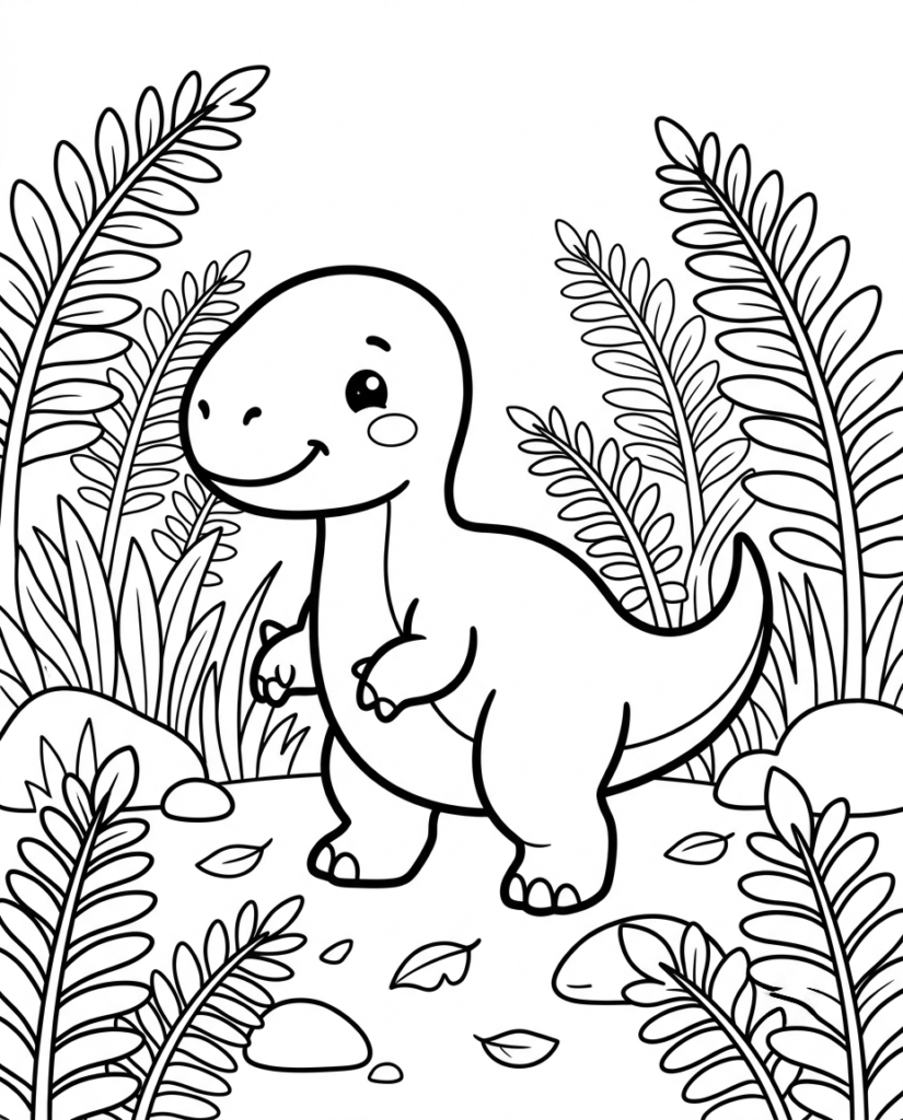 Baby dinosaur coloring page with a dinosaur standing among tall ferns